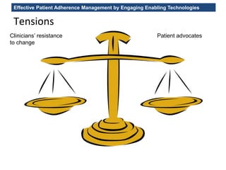 Effective Patient Adherence Management by Engaging Enabling Technologies
Tensions
Patient advocatesClinicians’ resistance
to change
 