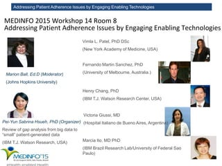 Addressing Patient Adherence Issues by Engaging Enabling Technologies
MEDINFO 2015 Workshop 14 Room 8
Addressing Patient Adherence Issues by Engaging Enabling Technologies
Vimla L. Patel, PhD DSc
(New York Academy of Medicine, USA)
Pei-Yun Sabrina Hsueh, PhD (Organizer)
Review of gap analysis from big data to
“small” patient-generated data
(IBM T.J. Watson Research, USA)
Fernando Martin Sanchez, PhD
(University of Melbourne, Australia.)Marion Ball, Ed.D (Moderator)
(Johns Hopkins University)
Henry Chang, PhD
(IBM T.J. Watson Research Center, USA)
Victoria Giussi, MD
(Hospital Italiano de Bueno Aires, Argentina)
Marcia Ito, MD PhD
(IBM Brazil Research Lab/University of Federal Sao
Paulo)
 