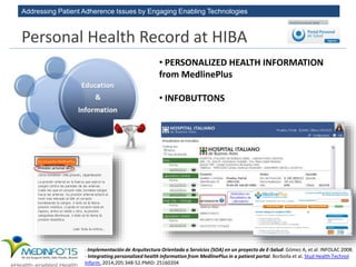 Addressing Patient Adherence Issues by Engaging Enabling Technologies
• PERSONALIZED HEALTH INFORMATION
from MedlinePlus
• INFOBUTTONS
- Implementación de Arquitectura Orientada a Servicios (SOA) en un proyecto de E-Salud. Gómez A, et al. INFOLAC 2008.
- Integrating personalized health information from MedlinePlus in a patient portal. Borbolla et al. Stud Health Technol
Inform. 2014;205:348-52.PMID: 25160204
Personal Health Record at HIBA
 