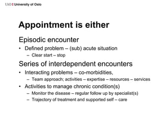 Episodic encounter
• Defined problem – (sub) acute situation
– Clear start – stop
Series of interdependent encounters
• In...