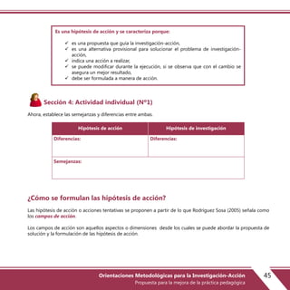 Es una hipótesis de acción y se caracteriza porque:
 es una propuesta que guía la investigación-acción,
 es una alternativa provisional para solucionar el problema de investigación-
acción,
 indica una acción a realizar,
 se puede modificar durante la ejecución, si se observa que con el cambio se
asegura un mejor resultado,
 debe ser formulada a manera de acción.
Sección 4: Actividad individual (Nº1)
Ahora, establece las semejanzas y diferencias entre ambas.
¿Cómo se formulan las hipótesis de acción?
Las hipótesis de acción o acciones tentativas se proponen a partir de lo que Rodríguez Sosa (2005) señala como
los campos de acción.
Los campos de acción son aquellos aspectos o dimensiones desde los cuales se puede abordar la propuesta de
solución y la formulación de las hipótesis de acción.
Semejanzas:
Diferencias: Diferencias:
Hipótesis de acción Hipótesis de investigación
45Orientaciones Metodológicas para la Investigación-Acción
Propuesta para la mejora de la práctica pedagógica
 