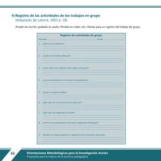 Registro de actividades de grupo
Nombre: ……………………………………………............................................... Fecha: ………...............................
1. ¿Qué se va a observar?
……………………………………………………………………....................................................................................
……………………………………………………………………....................................................................................
……………………………………………………………………....................................................................................
2. ¿Cuál es el rol del profesor/a?
……………………………………………………………………....................................................................................
……………………………………………………………………....................................................................................
……………………………………………………………………....................................................................................
3. ¿Están claros los objetivos del trabajo del grupo?
……………………………………………………………………....................................................................................
……………………………………………………………………....................................................................................
……………………………………………………………………....................................................................................
4. ¿Los/as estudiantes se muestran interesados/as?
……………………………………………………………………....................................................................................
……………………………………………………………………....................................................................................
……………………………………………………………………....................................................................................
5. ¿Quién o quiénes hablan?
……………………………………………………………………....................................................................................
……………………………………………………………………....................................................................................
……………………………………………………………………....................................................................................
6. ¿Qué tipo de conversaciones se generan?
……………………………………………………………………....................................................................................
……………………………………………………………………....................................................................................
……………………………………………………………………....................................................................................
7. ¿Qué tipo de preguntas se hacen?
……………………………………………………………………....................................................................................
……………………………………………………………………....................................................................................
……………………………………………………………………....................................................................................
8. ¿Cómo es la participación de los/as integrantes del grupo?
……………………………………………………………………....................................................................................
……………………………………………………………………....................................................................................
……………………………………………………………………....................................................................................
9. Señalar los rasgos positivos y negativos de la actuación del grupo.
……………………………………………………………………....................................................................................
……………………………………………………………………....................................................................................
……………………………………………………………………....................................................................................
4)Registro de las actividades de los trabajos en grupo
(Adaptado de Latorre, 2003 p. 18)
(Puede ser escrito, grabado en audio, filmado en video, etc.) Pautas para un registro del trabajo de grupo
66 Orientaciones Metodológicas para la Investigación-Acción
Propuesta para la mejora de la práctica pedagógica
 