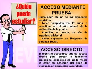 ACCESO DIRECTO:   El requisito académico que da acceso directo para cursar la formación profesional específica de grado medio es estar en posesión del título de Graduado en Educación Secundaria.   ACCESO MEDIANTE PRUEBA:   Cumpliendo alguno de los siguientes requisitos: *  Tener cumplidos los 17 años, o cumplirlos en el año natural de la realización de la prueba. * Acreditar, al menos, un año de experiencia laboral. *  Haber superado un Programa de Garantía Social.   ¿Quién puede estudiar? 