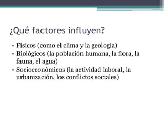 ¿Qué factores influyen?
• Físicos (como el clima y la geología)
• Biológicos (la población humana, la flora, la
fauna, el agua)
• Socioeconómicos (la actividad laboral, la
urbanización, los conflictos sociales)
 
