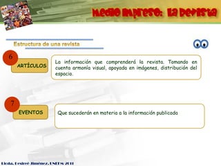 Medio Impreso: La Revista



   6
                         La información que comprenderá la revista. Tomando en
        ARTÍCULOS        cuenta armonía visual, apoyada en imágenes, distribución del
                         espacio.




    7
        EVENTOS           Que sucederán en materia a la información publicada




Licda. Desireé Jiménez. UNEFM-2011
 