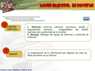 Medio Impreso: La Revista



   2
         CONTRA              1. Editorial: Director editorial, secretaria, diseño y
         PORTADA             diagramación,   editorial.       (responsables del diseño,
                             reproducción y publicidad de la revista).
                             2. Mensaje: Mensaje del equipo de editorial o contenido de
                             reflexión.




     3
                             La organización de la información por páginas tal como se
          INDICE
                             debe encontrar en su interior.




Licda. Desireé Jiménez. UNEFM-2011
 