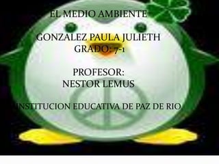 EL MEDIO AMBIENTE GONZALEZ PAULA JULIETH  GRADO: 7-1 PROFESOR: NESTOR LEMUS INSTITUCION EDUCATIVA DE PAZ DE RIO 