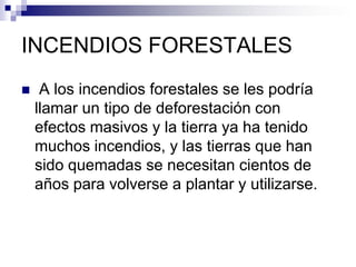 INCENDIOS FORESTALES
    A los incendios forestales se les podría
    llamar un tipo de deforestación con
    efectos masivos y la tierra ya ha tenido
    muchos incendios, y las tierras que han
    sido quemadas se necesitan cientos de
    años para volverse a plantar y utilizarse.
 