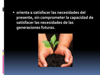 orienta a satisfacer las necesidades del presente, sin comprometer la capacidad de satisfacer las necesidades de las generaciones futuras.