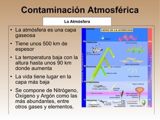 Contaminación Atmosférica La atmósfera es una capa gaseosa Tiene unos 500 km de espesor La temperatura baja con la altura hasta unos 90 km donde aumenta La vida tiene lugar en la capa más baja Se compone de Nitrógeno, Oxígeno y Argón como las más abundantes, entre otros gases y elementos. La Atmósfera 