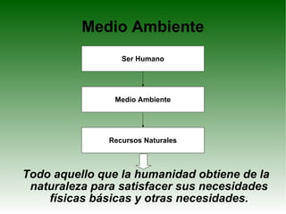 Medio Ambiente Todo aquello que la humanidad obtiene de la naturaleza para satisfacer sus necesidades físicas básicas y otras necesidades. Ser Humano Medio Ambiente Recursos Naturales 