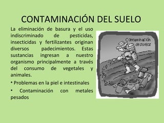 CONTAMINACIÓN DEL SUELO
La eliminación de basura y el uso
indiscriminado de pesticidas,
insecticidas y fertilizantes originan
diversos padecimientos. Estas
sustancias ingresan a nuestro
organismo principalmente a través
del consumo de vegetales y
animales.
• Problemas en la piel e intestinales
• Contaminación con metales
pesados
 