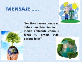"No tires basura donde no debes, mantén limpio tu medio ambiente como si fuera tu propia vida, porque lo es". 