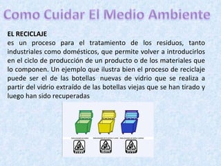 EL RECICLAJE  es un proceso para el tratamiento de los residuos, tanto industriales como domésticos, que permite volver a introducirlos en el ciclo de producción de un producto o de los materiales que lo componen. Un ejemplo que ilustra bien el proceso de reciclaje puede ser el de las botellas  nuevas de vidrio que se realiza a partir del vidrio extraído de las botellas viejas que se han tirado y luego han sido recuperadas 