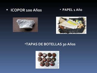 ICOPOR 100 Años  TAPAS DE BOTELLAS 30 Años PAPEL 1 Año 