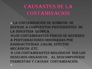 LOS CONTAMINANTES FÍSICOS SE REFIEREN A PERTURBACIONES ORIGINADAS POR  RADIOACTIVIDAD ,CALOR, EFECTOS MECÁNICOS .ETC. 
