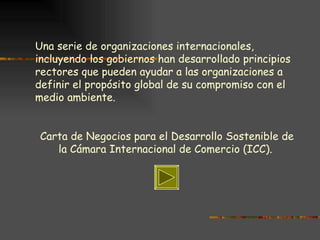 Una serie de organizaciones internacionales, incluyendo los gobiernos han desarrollado principios rectores que pueden ayudar a las organizaciones a definir el propósito global de su compromiso con el medio ambiente.  Carta de Negocios para el Desarrollo Sostenible de la Cámara Internacional de Comercio (ICC). 