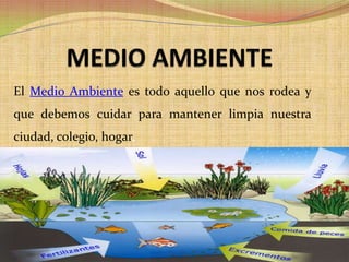 El Medio Ambiente es todo aquello que nos rodea y
que debemos cuidar para mantener limpia nuestra
ciudad, colegio, hogar,
 