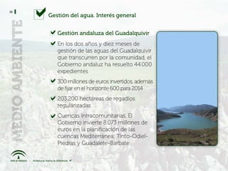 16
     Gestión del agua. Interés general


        Gestión andaluza del Guadalquivir
        En los dos años y diez meses de
        gestión de las aguas del Guadalquivir
        que transcurren por la comunidad, el
        Gobierno andaluz ha resuelto 44.000
        expedientes
        300 millones de euros invertidos, además
        de fijar en el horizonte 600 para 2014
        203.200 hectáreas de regadíos
        regularizadas
        Cuencas intracomunitarias. El
        Gobierno invierte 8.073 millones de
        euros en la planificación de las
        cuencas Mediterránea; Tinto-Odiel-
        Piedras y Guadalete-Barbate
 