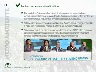 18
     Lucha contra el cambio climático

       Pacto de los Gobiernos Locales, iniciativa europea impulsada en
       Andalucía por la Consejería de Medio Ambiente. Los ayuntamientos se
       comprometen a reducir sus emisiones en un 20% en 2020
       518 ayuntamientos adheridos con Planes de Acción para la Energía Sostenible
       (PAES), con inversión de más de 3.700 mill. de euros en Andalucía
       Sistema Andaluz de Compensación de Emisiones (SACE). Un centenar
       de empresas adheridas en año y medio en un programa voluntario
       dirigido al empresariado andaluz para reducir emisiones
 