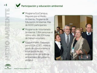 22
     Participación y educación ambiental


        Programa EcoCampus,
        Mayores por el Medio
        Ambiente, Programa de
        Educación Ambiental. Más
        de 8.000 participantes
        Programa de Voluntariado
        Ambiental. 5.364 personas el
        último año, 186.329 horas
        de trabajo voluntario
        Ecobarómetro. Elaborado
        por el IESA (CSIC), mide el
        grado de conocimiento e
        implicación de los
        andaluces en las políticas
        ambientales del gobierno
        andaluz
 