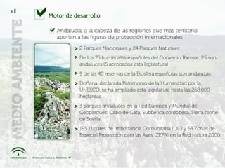 6
    Motor de desarrollo

       Andalucía, a la cabeza de las regiones que más territorio
       aportan a las figuras de protección internacionales
              > 2 Parques Nacionales y 24 Parques Naturales
              > De los 75 humedales españoles del Convenio Ramsar, 25 son
                andaluces (5 aprobados esta legislatura)
              > 9 de las 40 reservas de la Biosfera españolas son andaluzas
              > Doñana, declarada Patrimonio de la Humanidad por la
                UNESCO, se ha ampliado esta legislatura hasta las 268.000
                hectáreas
              > 3 parques andaluces en la Red Europea y Mundial de
                Geoparques: Cabo de Gata, Subbética cordobesa, Sierra Norte
                de Sevilla

              > 195 Lugares de Importancia Comunitaria (LIC) y 63 Zonas de
                Especial Protección para las Aves (ZEPA) en la Red Natura 2000
 