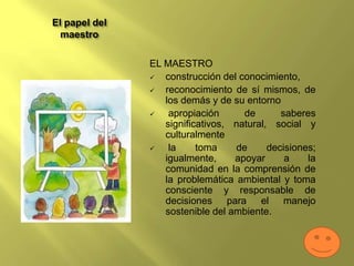 El papel del
  maestro

               EL MAESTRO
                 construcción del conocimiento,
                 reconocimiento de sí mismos, de
                  los demás y de su entorno
                  apropiación      de       saberes
                  significativos, natural, social y
                  culturalmente
                  la     toma    de      decisiones;
                  igualmente,     apoyar      a    la
                  comunidad en la comprensión de
                  la problemática ambiental y toma
                  consciente y responsable de
                  decisiones para el manejo
                  sostenible del ambiente.
 