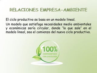El ciclo productivo se basa en un modelo lineal.
Un modelo que satisfaga necesidades medio ambientales
y económicas sería circular, donde ’’lo que sale’’ en el
modelo lineal, sea el comienzo del nuevo ciclo productivo.