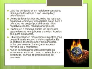    Lava las verduras en un recipiente con agua;
    tállalas con los dedos o con un cepillo y
    desinféctalas.
    Antes de lavar los trastos, retira los residuos
    orgánicos (comida) y deposítalos en un bote o
    bolsa; no los arrojes por el drenaje ni los
    revuelvas con los residuos inorgánicos.
    Báñate en 5 minutos. Cierra las llaves del
    agua mientras te enjabonas o afeitas. Ábrelas
    sólo para enjuagarte.
    El refrigerador es más eficiente mientras más
    delgada sea la escarcha del congelador. Es
    importante descongelarlo y limpiarlo para
    evitar que la escarcha tenga un espesor
    mayor a los 5 milímetros.
   Nunca compres productos derivados de
    especies en extinción como: corales, huevos
    de tortuga, plumas de aves o pieles de
    animales.
 