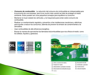   Consumo de combustible: La reducción del consumo de combustible es indispensable para
    la economía de una empresa, pero lo es mucho más cuando se trata de proteger el medio
    ambiente. Estos pueden ser unos pequeños consejos para equilibrar su consumo:
   Mantener en buen estado los vehículos, y la maquinaria para evitar sobre consumo de
    combustible.
   Realizar un mantenimiento regulado y preventivo a las instalaciones mecánicas y eléctricas
    para ayudar a reducir los consumos, además de prevenir la emisión de contaminantes a la
    atmosfera.
   Usar combustibles de alta eficiencia energética.
   Buscar la manera de aprovechar los llamados biocombustibles que nos ofrece el medio: como
    los sólidos, líquidos y gaseosos.
 