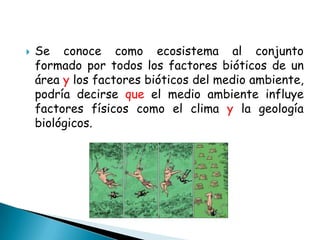    Se conoce como ecosistema al conjunto
    formado por todos los factores bióticos de un
    área y los factores bióticos del medio ambiente,
    podría decirse que el medio ambiente influye
    factores físicos como el clima y la geología
    biológicos.
 