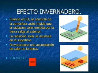 EFECTO INVERNADERO. Cuando el CO 2  se acumula en la atmósfera ,este impide que la radiación solar emitida por la tierra salga al exterior. La radiación solar se acumula en la superficie. Provocándose una acumulación de calor en la tierra.  VER VÍDEO. 