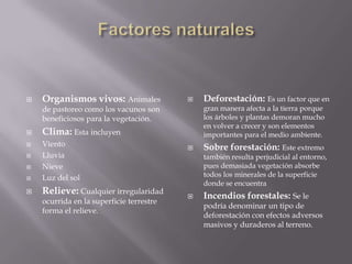  Organismos vivos: Animales
de pastoreo como los vacunos son
beneficiosos para la vegetación.
 Clima: Esta incluyen
 Viento
 Lluvia
 Nieve
 Luz del sol
 Relieve: Cualquier irregularidad
ocurrida en la superficie terrestre
forma el relieve.
 Deforestación: Es un factor que en
gran manera afecta a la tierra porque
los árboles y plantas demoran mucho
en volver a crecer y son elementos
importantes para el medio ambiente.
 Sobre forestación: Este extremo
también resulta perjudicial al entorno,
pues demasiada vegetación absorbe
todos los minerales de la superficie
donde se encuentra
 Incendios forestales: Se le
podría denominar un tipo de
deforestación con efectos adversos
masivos y duraderos al terreno.
 