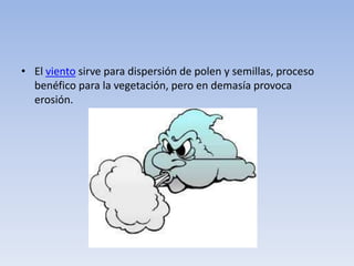 • El viento sirve para dispersión de polen y semillas, proceso
benéfico para la vegetación, pero en demasía provoca
erosión.
 