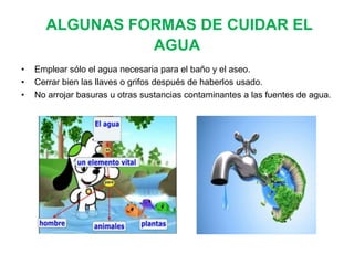 ALGUNAS FORMAS DE CUIDAR EL
AGUA
•
•
•

Emplear sólo el agua necesaria para el baño y el aseo.
Cerrar bien las llaves o grifos después de haberlos usado.
No arrojar basuras u otras sustancias contaminantes a las fuentes de agua.

 