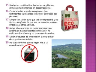 15.Usa bolsas reutilizables, las bolsas de plástico
demoran mucho tiempo en descomponerse.
16.Compra frutas y verduras orgánicas (los
fertilizantes y pesticidas suelen ser derivados del
petróleo).
17.Limpia con jabón puro que sea biodegradable y no
tóxico. Asegúrate de que sea sin esencias, colores
sintéticos u otros aditivos.
18.Apoya el ecoturismo en zonas boscosas y en
general el manejo forestal sustentable; no
maltrates los árboles y no provoques incendios.
19.Elegir productos de limpieza sin cloro y evitar
detergentes con fosfato.
20.No uses aerosoles que le hagan mal a la
capa de ozono.
 