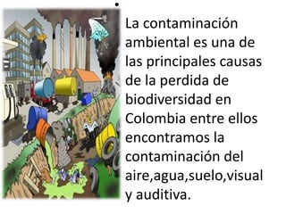 •
La contaminación
ambiental es una de
las principales causas
de la perdida de
biodiversidad en
Colombia entre ellos
encontramos la
contaminación del
aire,agua,suelo,visual
y auditiva.
 