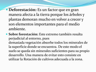  
Deforestación: Es un factor que en gran manera afecta a latierraporque los árboles y plantas demoran mucho en volver a crecer y son elementos importantes para el medio ambiente. 
 
Sobre forestación: Este extremo también resulta perjudicial al entorno, pues demasiadavegetaciónabsorbe todos los minerales de la superficie donde se encuentra. De este modo el suelo se queda sin minerales suficientes para su propio desarrollo. Una manera de evitar esto consiste en utilizar laRotación de cultivosadecuada a la zona.  