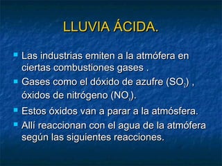 LLLLUUVVIIAA ÁÁCCIIDDAA.. 
 LLaass iinndduussttrriiaass eemmiitteenn aa llaa aattmmóóffeerraa eenn 
cciieerrttaass ccoommbbuussttiioonneess ggaasseess .. 
 GGaasseess ccoommoo eell ddóóxxiiddoo ddee aazzuuffrree ((SSOO22)) ,, 
óóxxiiddooss ddee nniittrróóggeennoo ((NNOOxx)).. 
 EEssttooss óóxxiiddooss vvaann aa ppaarraarr aa llaa aattmmóóssffeerraa.. 
 AAllllíí rreeaacccciioonnaann ccoonn eell aagguuaa ddee llaa aattmmóóffeerraa 
sseeggúúnn llaass ssiigguuiieenntteess rreeaacccciioonneess.. 
 