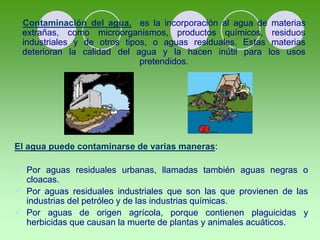 El agua puede contaminarse de varias maneras:
 Por aguas residuales urbanas, llamadas también aguas negras o
cloacas.
 Por aguas residuales industriales que son las que provienen de las
industrias del petróleo y de las industrias químicas.
 Por aguas de origen agrícola, porque contienen plaguicidas y
herbicidas que causan la muerte de plantas y animales acuáticos.
Contaminación del agua, es la incorporación al agua de materias
extrañas, como microorganismos, productos químicos, residuos
industriales y de otros tipos, o aguas residuales. Estas materias
deterioran la calidad del agua y la hacen inútil para los usos
pretendidos.
 