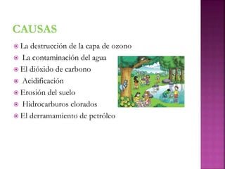  La destrucción de la capa de ozono
 La contaminación del agua
 El dióxido de carbono
 Acidificación
 Erosión del suelo
 Hidrocarburos clorados
 El derramamiento de petróleo
 
