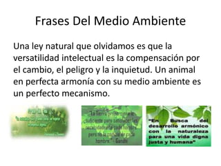 Frases Del Medio Ambiente
Una ley natural que olvidamos es que la
versatilidad intelectual es la compensación por
el cambio, el peligro y la inquietud. Un animal
en perfecta armonía con su medio ambiente es
un perfecto mecanismo.
 