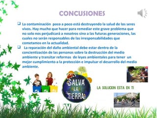 CONCUSIONES
 La contaminación poco a poco está destruyendo la salud de los seres
vivos. Hay mucho que hacer para remediar este grave problema que
no solo nos perjudicará a nosotros sino a las futuras generaciones, las
cuales no serán responsables de las irresponsabilidades que
cometamos en la actualidad.
 La reparación del daño ambiental debe estar dentro de la
concientización de las personas sobre la destrucción del medio
ambiente y transitar reformas de leyes ambientales para tener un
mejor cumplimiento a la protección e impulsar el desarrollo del medio
ambiente.
 