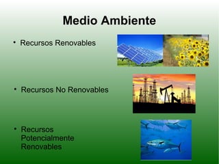 Medio Ambiente

Recursos Renovables

Recursos No Renovables

Recursos
Potencialmente
Renovables
 