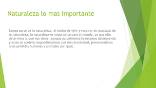 Naturaleza lo mas importante
Somos parte de la naturaleza, el hecho de vivir y respirar es resultado de
la naturaleza, la naturaleza es importante para el mundo, ya que ella
determina lo que nos viene, aunque actualmente la estamos destruyendo
y estas se acelera respondiendonos con mas brutalidad, provocandonos
unas perdidas humanas y animales por igual.
 