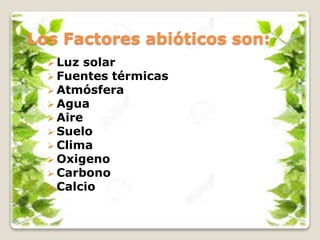 Los Factores abióticos son:
 Luz solar
 Fuentes térmicas
 Atmósfera
 Agua
 Aire
 Suelo
 Clima
 Oxigeno
 Carbono
 Calcio
 