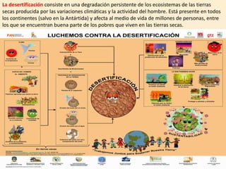 La desertificación consiste en una degradación persistente de los ecosistemas de las tierras
secas producida por las variaciones climáticas y la actividad del hombre. Está presente en todos
los continentes (salvo en la Antártida) y afecta al medio de vida de millones de personas, entre
los que se encuentran buena parte de los pobres que viven en las tierras secas.
 