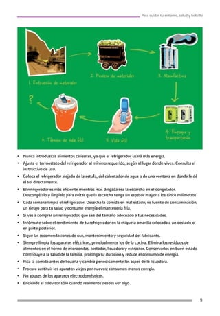 Para cuidar tu entorno, salud y bolsillo
•	 Nunca introduzcas alimentos calientes, ya que el refrigerador usará más energía.
•	 Ajusta el termostato del refrigerador al mínimo requerido, según el lugar donde vives. Consulta el
instructivo de uso.
•	 Coloca el refrigerador alejado de la estufa, del calentador de agua o de una ventana en donde le dé
el sol directamente.
•	 El refrigerador es más eficiente mientras más delgada sea la escarcha en el congelador.
Descongélalo y límpialo para evitar que la escarcha tenga un espesor mayor a los cinco milímetros.
•	 Cada semana limpia el refrigerador. Desecha la comida en mal estado; es fuente de contaminación,
un riesgo para tu salud y consume energía el mantenerla fría.
•	 Si vas a comprar un refrigerador, que sea del tamaño adecuado a tus necesidades.
•	 Infórmate sobre el rendimiento de tu refrigerador en la etiqueta amarilla colocada a un costado o
en parte posterior.
•	 Sigue las recomendaciones de uso, mantenimiento y seguridad del fabricante.
•	 Siempre limpia los aparatos eléctricos, principalmente los de la cocina. Elimina los residuos de
alimentos en el horno de microondas, tostador, licuadora y extractor. Conservarlos en buen estado
contribuye a la salud de la familia, prolonga su duración y reduce el consumo de energía.
•	 Pica la comida antes de licuarla y cambia periódicamente las aspas de la licuadora.
•	 Procura sustituir los aparatos viejos por nuevos; consumen menos energía.
•	 No abuses de los aparatos electrodomésticos.
•	 Enciende el televisor sólo cuando realmente desees ver algo.
 