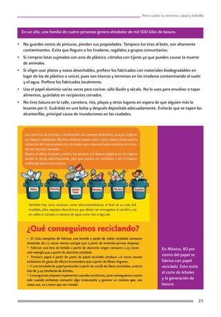 21
Para cuidar tu entorno, salud y bolsillo
En un año, una familia de cuatro personas genera alrededor de mil 500 kilos de basura.
En México, 80 por
ciento del papel se
fabrica con papel
reciclado. Esto evita
el corte de árboles
y la generación de
basura.
•	 No guardes restos de pinturas, pierden sus propiedades. Tampoco los tires al bote, son altamente
contaminantes. Evita que lleguen a los tiraderos, regálalos a grupos comunitarios.
•	 Si compras latas sujetadas con aros de plástico, córtalos con tijeras ya que pueden causar la muerte
de animales.
•	 Si eliges usar platos y vasos desechables, prefiere los fabricados con materiales biodegradables en
lugar de los de plástico o unicel, pues son tóxicos y terminan en los tiraderos contaminando el suelo
y el agua. Prefiere los fabricados localmente.
•	 Usa el papel aluminio varias veces para cocinar, sólo lávalo y sécalo. No lo uses para envolver o tapar
alimentos, guárdalos en recipientes cerrados.
•	 No tires basura en la calle, carretera, ríos, playas y otros lugares en espera de que alguien más la
levante por ti. Guárdala en una bolsa y después deposítala adecuadamente. Evitarás que se tapen las
alcantarillas, principal causa de inundaciones en las ciudades.
 