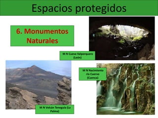 Espacios protegidos
6. Monumentos
Naturales
M N Volcán Teneguía (La
Palma)
M N Cueva Valporquero
(León)
M N Nacimiento
río Cuervo
(Cuenca)
 